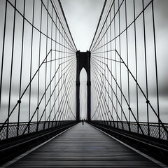 Fototapeta premium Vertical grayscale shot of a suspension bridge under the cloudy sky -- generated by ai