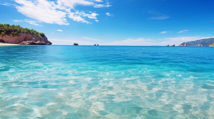 Beautiful tropical beach with blue sky and white clouds abstract texture background. Copy space of summer vacation and holiday business travel concept.