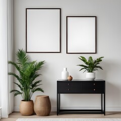 Two mockup frames on the wall of living room, interior mockup with house background, frame mockup