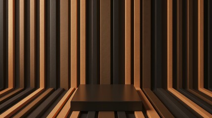 A modern, abstract background featuring vertical black and gold stripes with a black rectangular platform in the center