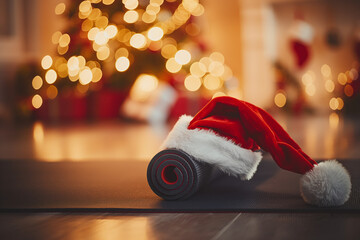 santa claus in front of christmas tree, A close-up shot captures a yoga mat adorned with a Santa Claus hat, set against the backdrop of a home decorated for Christmas and New Year