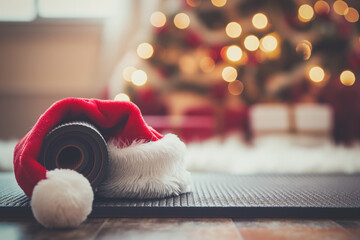 santa claus on the floor, A close-up shot captures a yoga mat adorned with a Santa Claus hat, set against the backdrop of a home decorated for Christmas and New Year