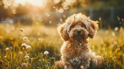 Dog with brown fur playing in the grassy field