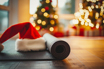 santa claus on the floor, A close-up shot captures a yoga mat adorned with a Santa Claus hat, set against the backdrop of a home decorated for Christmas and New Year