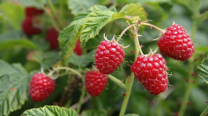 Raspberries that are mature are growing in the garden