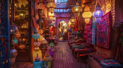 Obraz premium vibrant moroccan lighting shop in marrakech souk colorful travel photography