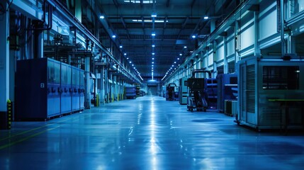 Fototapeta premium Empty factory floor with idle machinery during a shutdown from front view Silent blue steel machines waiting for operation