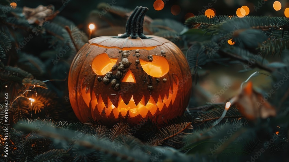 Poster smiling pumpkin with four teeth on pine branches glowing from within against dark backdrop