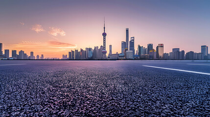 Asphalt road platform and city skyline with skyscraper at sunset in Shanghai China High Angle view...