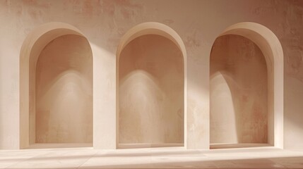 A minimalist interior space featuring three large arches on a textured wall. The arches are softly illuminated, creating a warm and inviting atmosphere