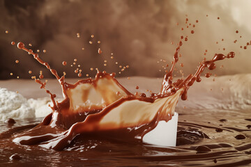 chocolate splash isolated on white, A mesmerizing caramel splash creates a symphony of textures and colors, as milk, sauce, and chocolate liquid blend together in a tantalizing display