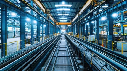 Obraz premium Inside a modern industrial factory with bluetoned steel machinery and advanced conveyor belts for efficient manufacturing and logistics
