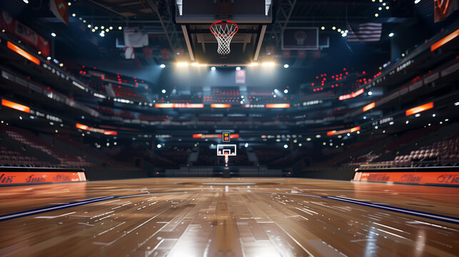 NBA arena shot from a low angle. Lights, empty arena