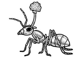 zombie ant mushroom sketch engraving PNG illustration. T-shirt apparel print design. Scratch board imitation. Black and white hand drawn image.