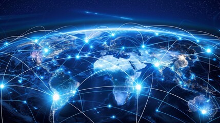 A blue and white image of the world with many lines connecting it