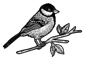 titmouse great tit bird on tree branch sketch engraving PNG illustration. T-shirt apparel print design. Scratch board imitation. Black and white hand drawn image.