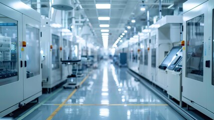 Semiconductor factory panorama in front view  Rows of machinery producing electronics, illustrating scale in robotic tone with a Splitcomplementary color scheme