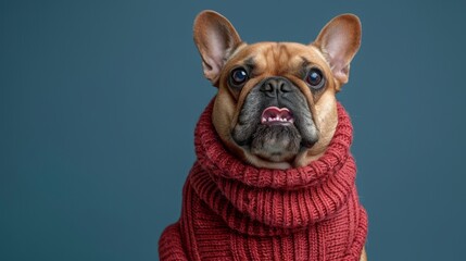Obraz premium Canine with megaphone communicating loudly, dog holding loudspeaker on blue background