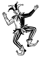 jester circus sketch engraving PNG illustration. T-shirt apparel print design. Scratch board imitation. Black and white hand drawn image. © Oleksandr Pokusai