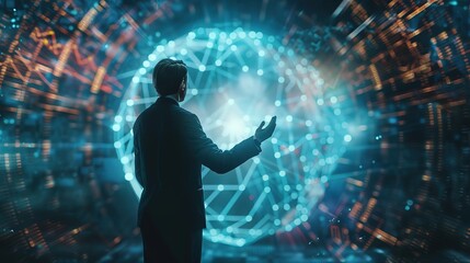 Businessman presenting futuristic business world metaverse graphic. In the form of innovation in digital business processing technology, innovation of the 21st century