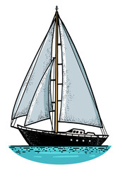 sailing yacht boat sketch engraving PNG illustration. T-shirt apparel print design. Scratch board imitation. Black and white hand drawn image.