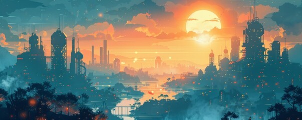 A post-human world where sentient machines rule supreme, with robotic cities and automated factories spanning the landscape.   illustration.