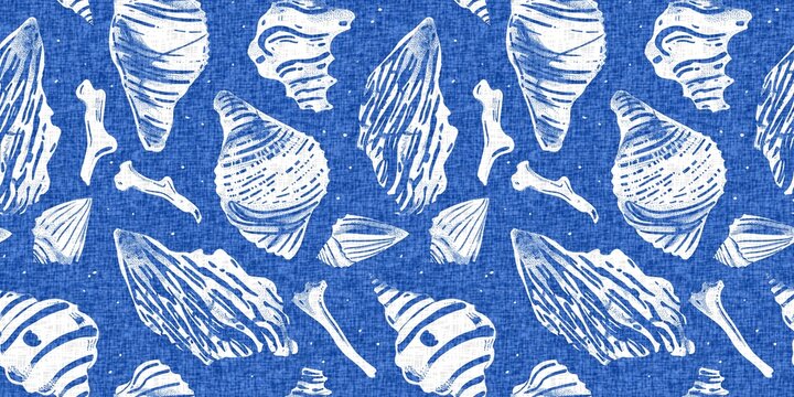 Azure blue white shell motif with linen seamless batik border background. Modern coastal beach cottage rustic shell block print home decor pattern design in sealife beach banner style. 