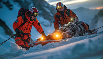 Mountain rescue paramedics helping injuring person. Difficult alpine snow covered terrain at evening. Generative AI