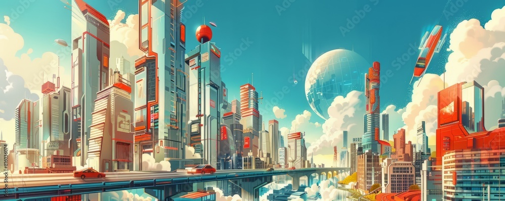 Poster a retro-futuristic metropolis where the past and future collide in a dizzying array of styles and te