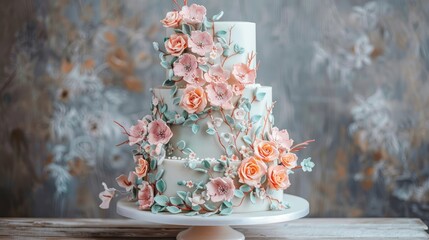 Cake adorned with wedding decorations and floral embellishments