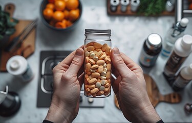 Obraz premium Person sitting at table with pills, water, and kitchen utensils, ready for healthful preparation