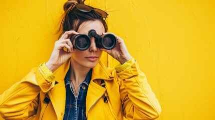 woman using binoculars while standing in front of bright yellow background curiosity concept photo