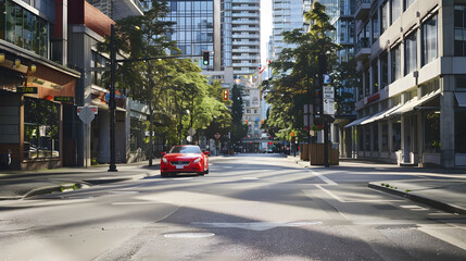 Red car on the empty urban street in a sunny day Car parked in downtown of Vancouver Canada Modern architecture view with car parked on a street Nobody street photo : Generative AI