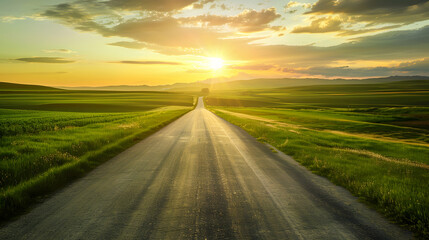 Straight country road and green farmland natural scenery at sunrise in Xinjiang China : Generative AI