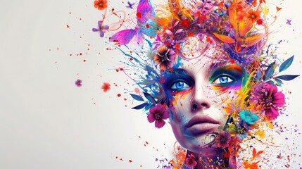 3D rendering of a colorful abstract female portrait with paint splash and flower decoration on a white background. Abstract fashion design concept for a banner, poster or flyer