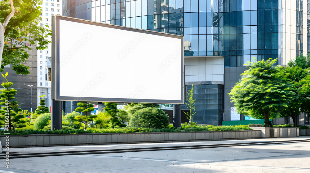 Aufkleber large horizontal blank advertising poster billboard banner mockup in front of building in urban city