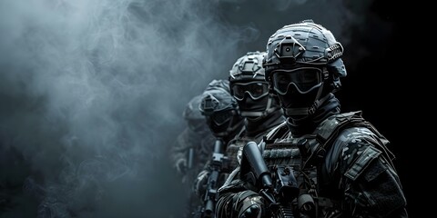 Soldiers in Full Gear Standing in Dark Setting. Concept Military, Soldiers, Tactical Gear, Dark Setting, Serious Pose