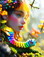 Abstract colorful portrait of a beautiful girl with butterflies.Cartoon 3d character, wallpaper for kids , cute cartoon character background