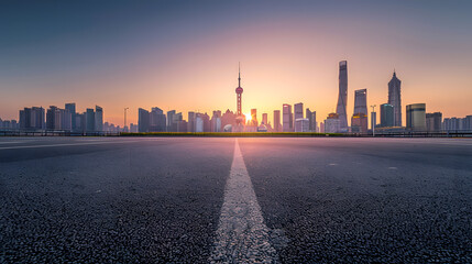 Asphalt road square and modern city commercial buildings at dawn in Shanghai : Generative AI