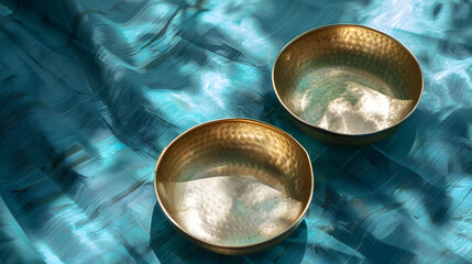 Korean traditional brassware plate setting on blue ramie cloth : Generative AI