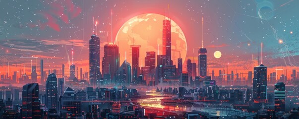 Fototapeta premium A retro-futuristic metropolis pulsating with life and energy, where towering skyscrapers and bustling streets are alive with the hum of technology. illustration.