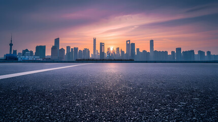 Empty asphalt road and modern city skyline with buildings in Hangzhou at sunset China : Generative...