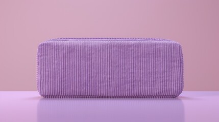 A stylish purple corduroy pencil case placed on a smooth surface with a soft pink background. The case features a textured surface, showcasing its unique fabric design, ideal for school or office use