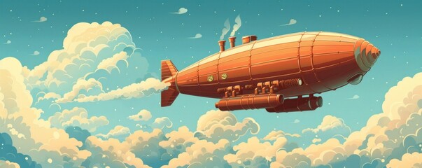 A steampunk-inspired airship soaring through the clouds, propelled by steam engines and adorned with brass fittings.   illustration.