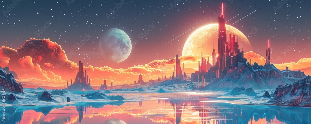 Poster a retro-futuristic utopia where advanced technology and sleek design merge seamlessly with natural l