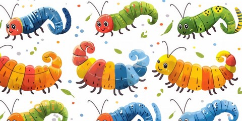 Obraz premium Seamless pattern with cartoon bright caterpillars, slugs and hairy centipedes on white background. Insects background. For banner, children, pattern, decorative. illustration