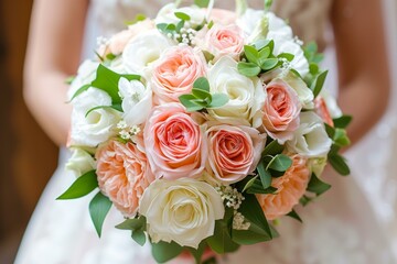 Close-up of an elegant bridal bouquet with beautiful white. Pink. And pastel roses. Greenery. And delicate floral arrangement. Perfect for a romantic wedding ceremony. Capturing the fresh. Natural