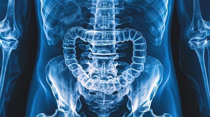 A detailed Xray of the intestines, showing ligaments and bone alignment, perfect for precise medical evaluation of abdominal health