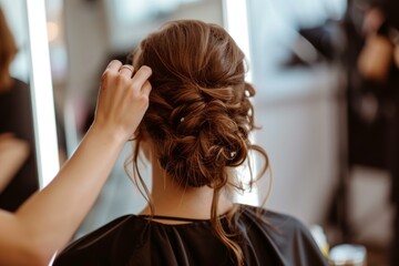 Fototapeta premium Close-up of a hairstylist creating a sophisticated updo for a bride