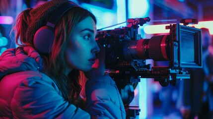 Young female director with headphones operating the camera on set.